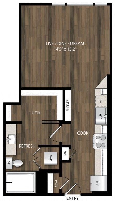 Floor plan for studio, 1 bath, 526 sqft